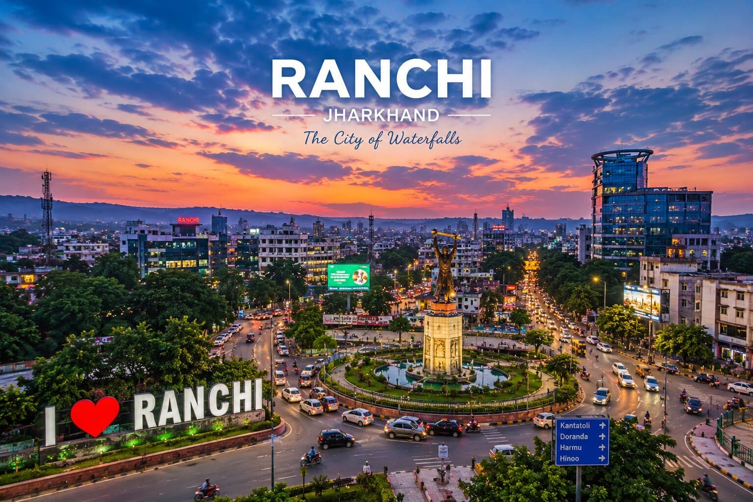 Jamshedpur to Ranchi Taxi Ranchi city skyline at sunset. Book Jamshedpur to Ranchi taxi and cab service, fare from ₹1799 including toll